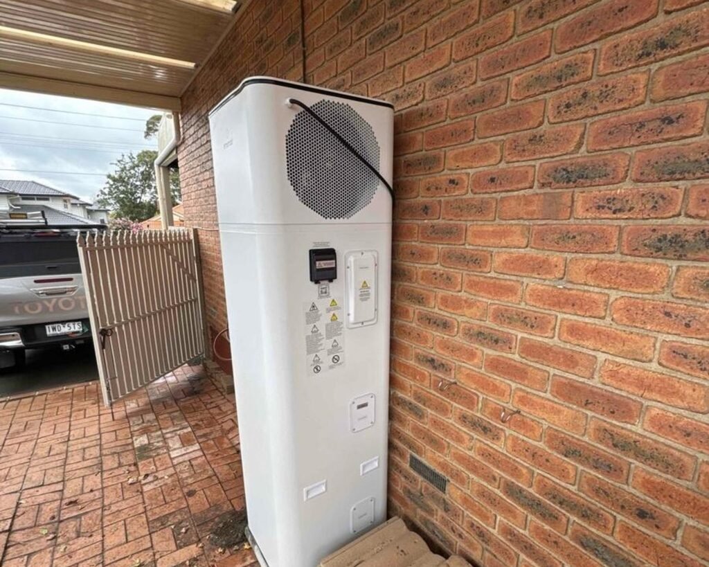 Heat pump hot water unit installed at a Melbourne property under the Victorian Energy Upgrades programme